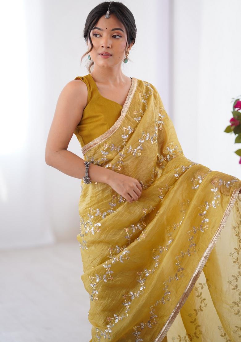 Yellow Embroidered Silk Saree