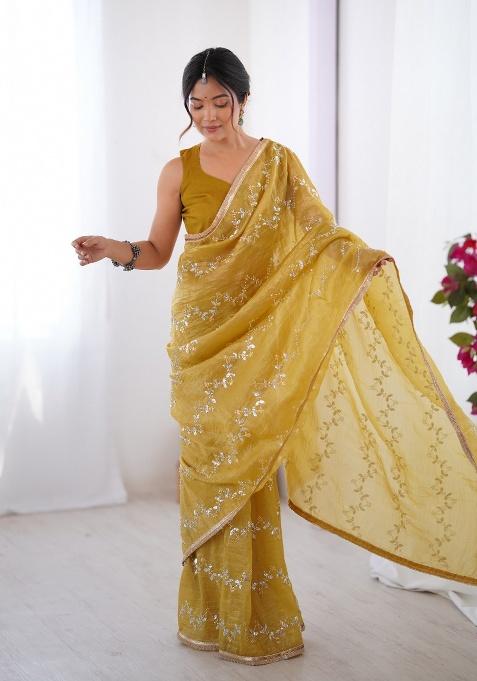 Yellow Embroidered Silk Saree