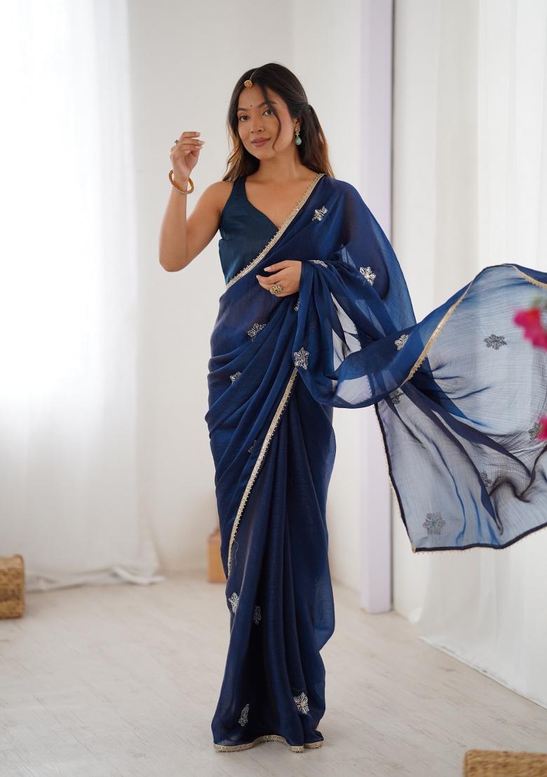 Petrol Embroidered Poly Blended Saree