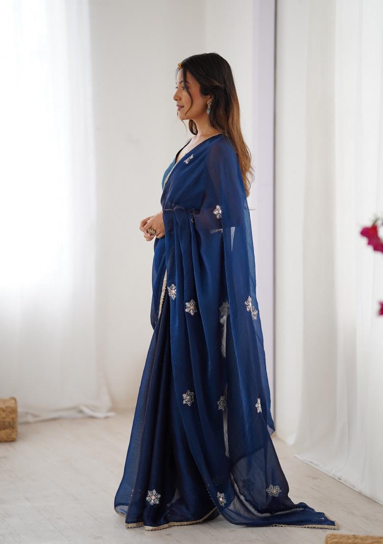 Petrol Embroidered Poly Blended Saree