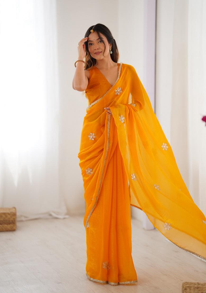 Mustard Embroidered Poly Blended Saree