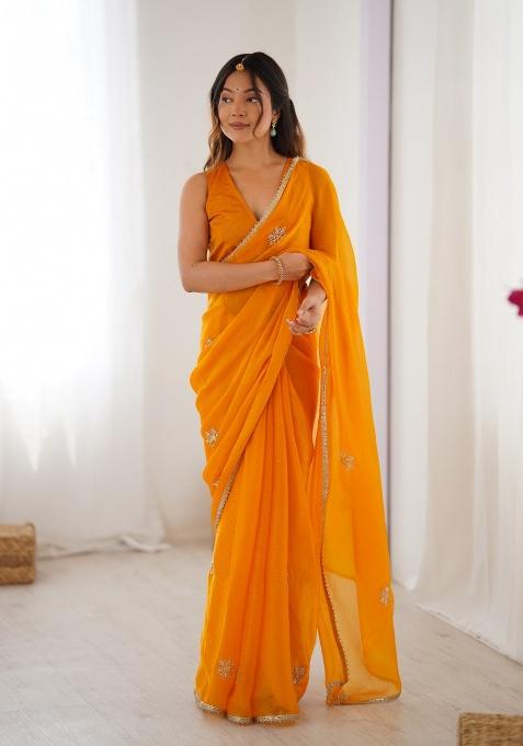 Mustard Embroidered Poly Blended Saree