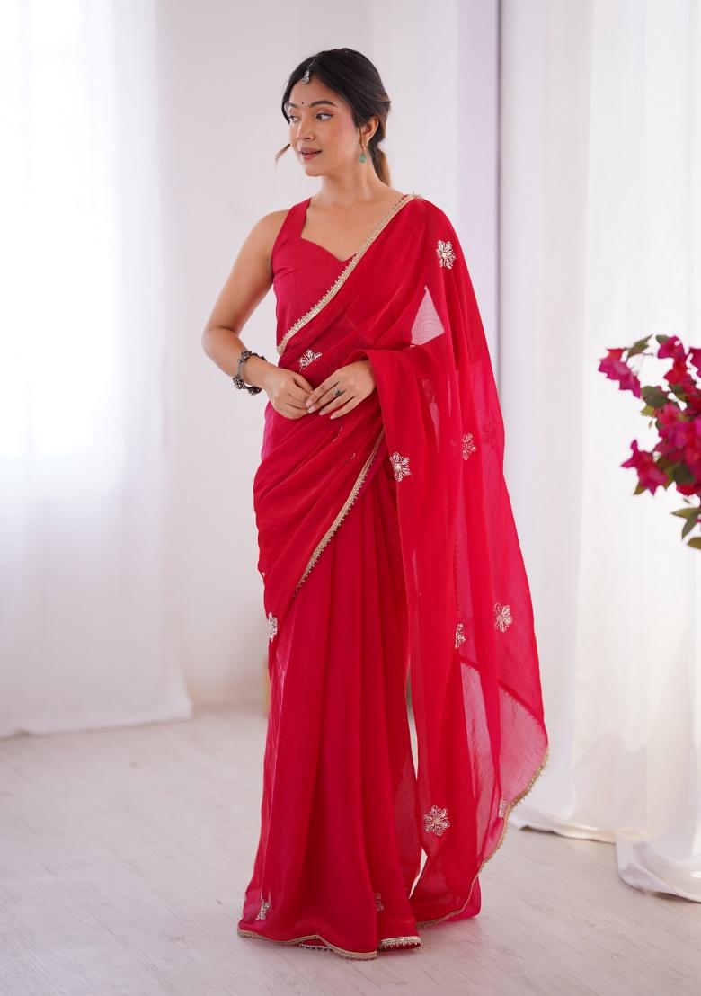 Red Embroidered Poly Blended Saree