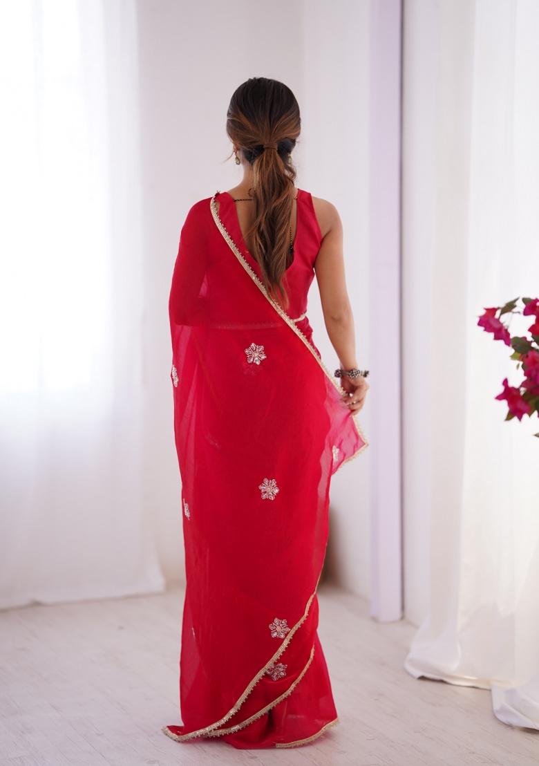 Red Embroidered Poly Blended Saree