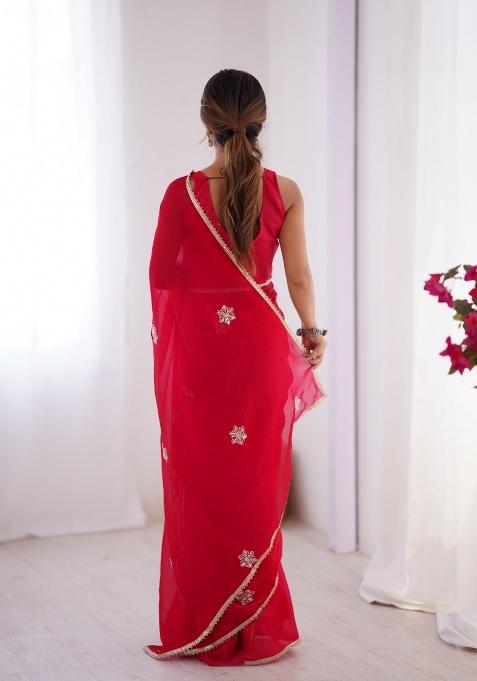 Red Embroidered Poly Blended Saree