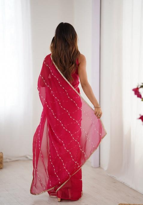 Pink Embroidered Poly Blended Saree