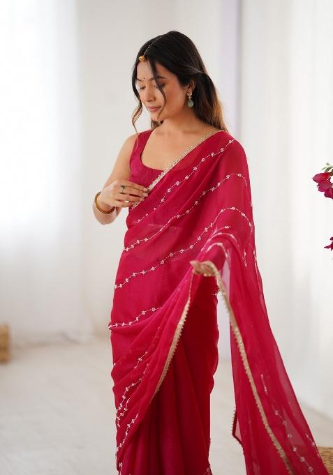 Pink Embroidered Poly Blended Saree