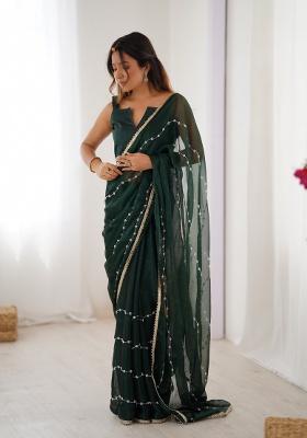 Green Embroidered Poly Blended Saree
