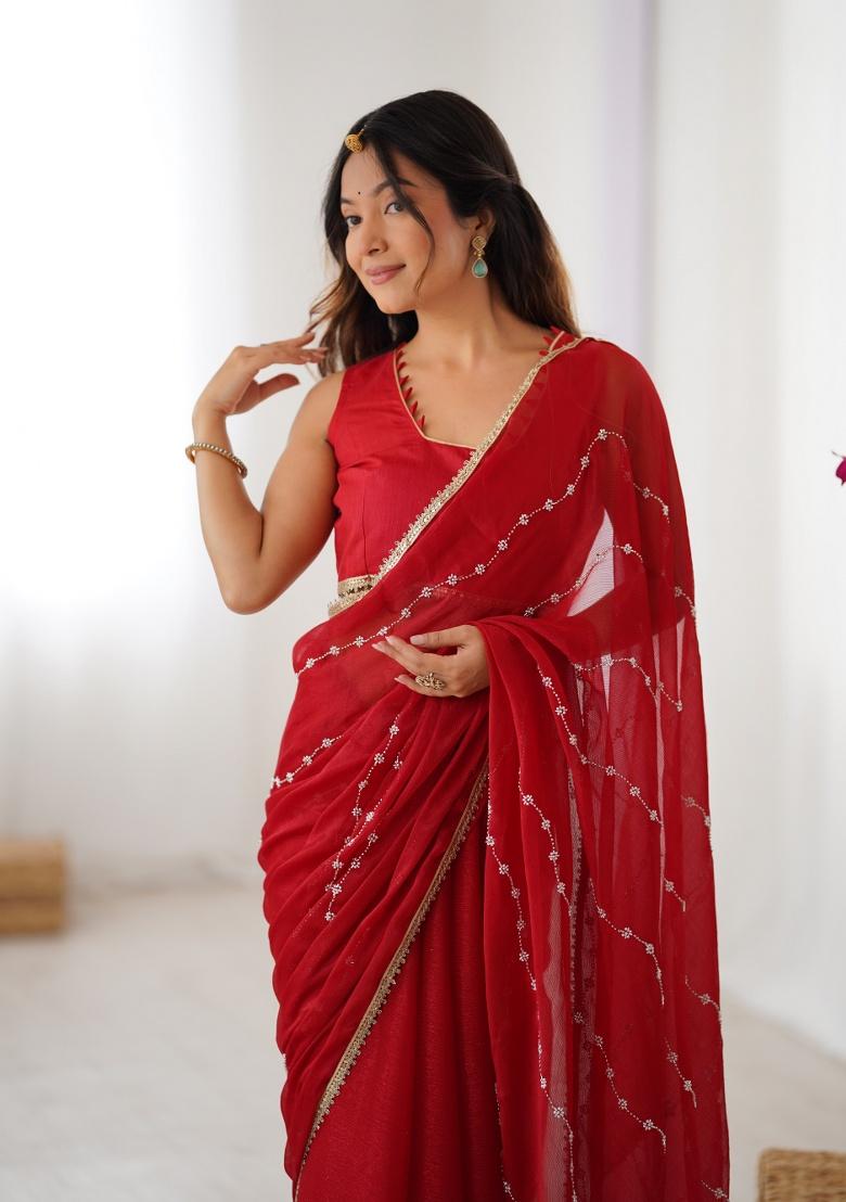 Red Embroidered Poly Blended Saree