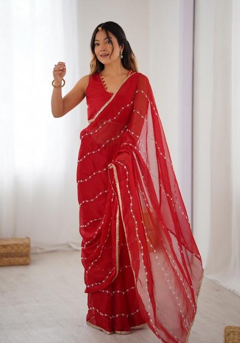 Red Embroidered Poly Blended Saree