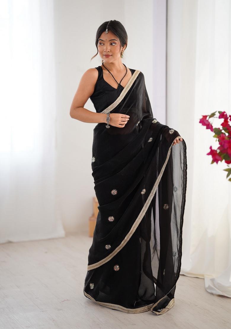 Black Embroidered Poly Blended Saree
