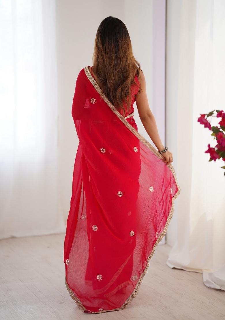 Red Embroidered Poly Blended Saree