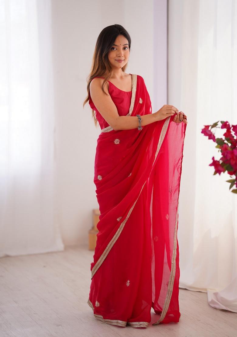 Red Embroidered Poly Blended Saree