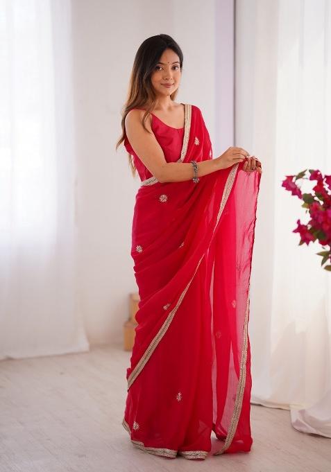 Red Embroidered Poly Blended Saree