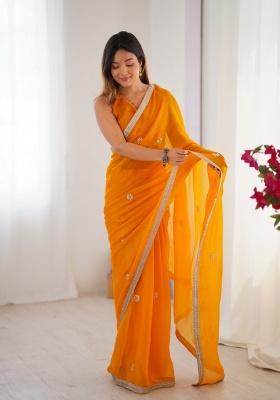 Mustard Embroidered Poly Blended Saree