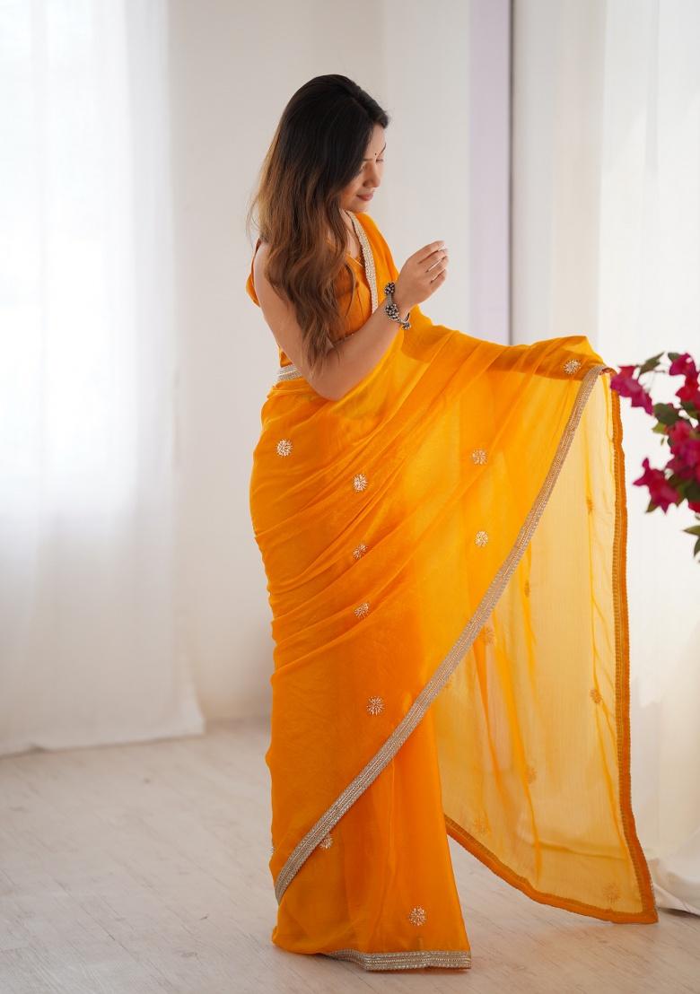 Mustard Embroidered Poly Blended Saree
