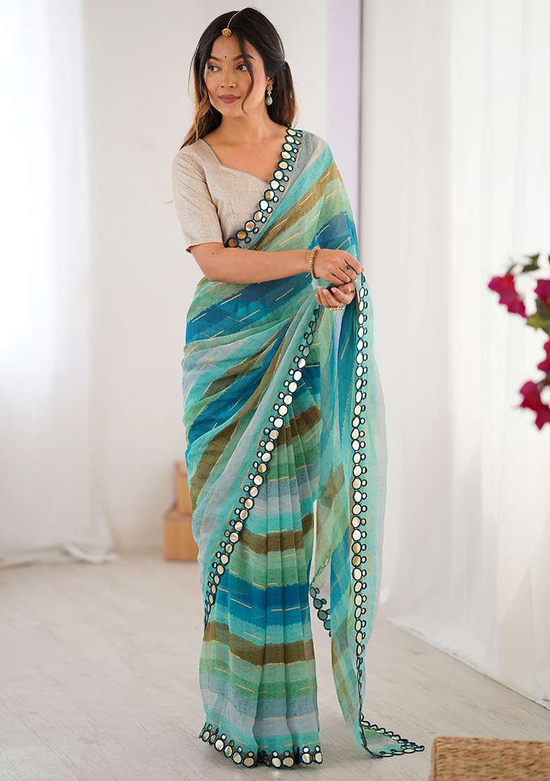 Petrol Chiffon Saree with Printed for Diwali | Wedding & Festive Wear - Indya