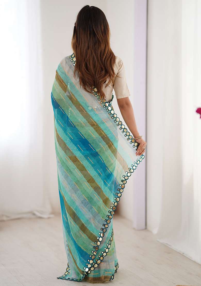 Petrol Chiffon Saree with Printed for Diwali | Wedding & Festive Wear - Indya