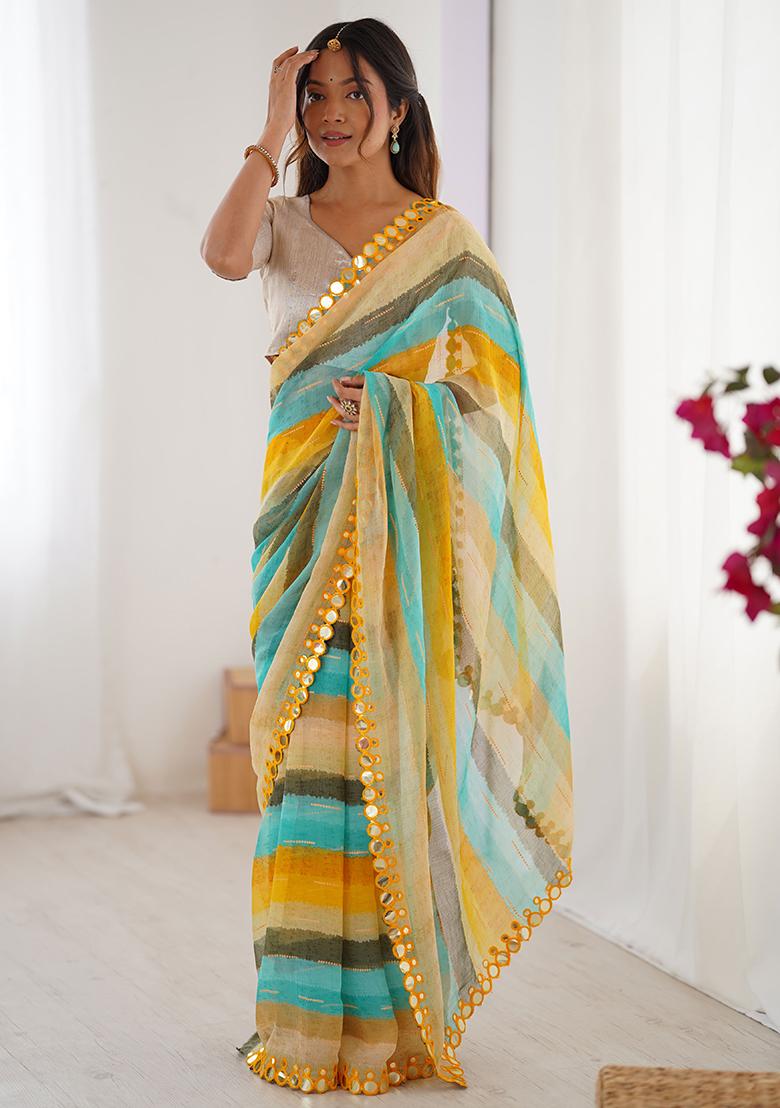 Yellow Printed Chiffon Saree