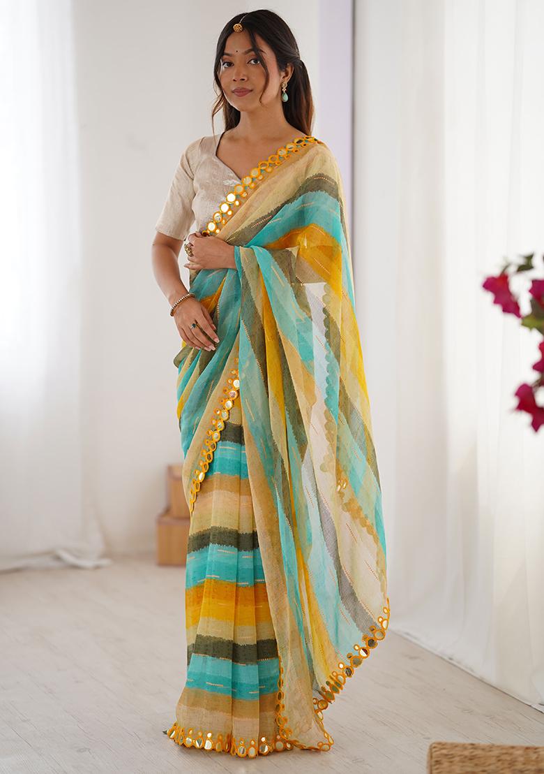 Yellow Printed Chiffon Saree
