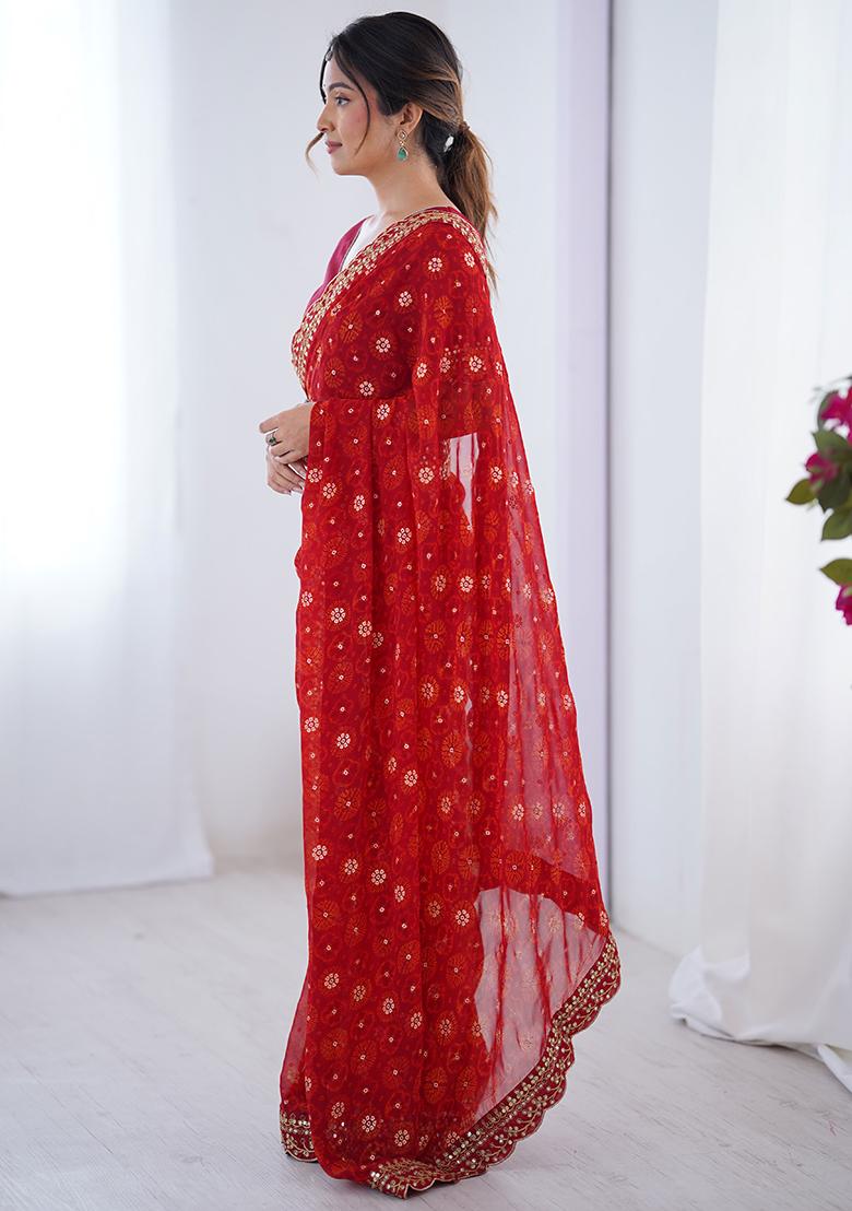 Red Embroidered Chiffon Saree