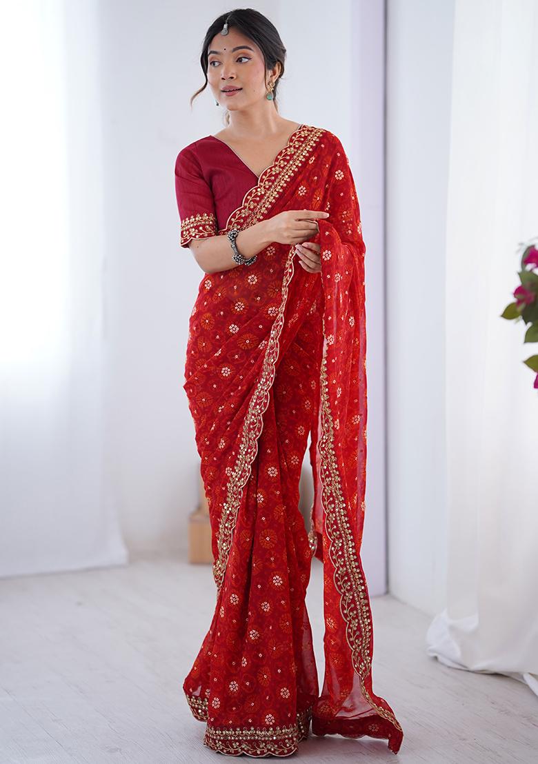Red Embroidered Chiffon Saree