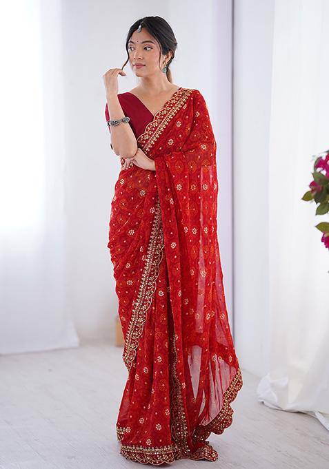 Red Embroidered Chiffon Saree