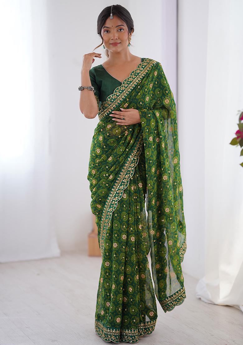 Green Embroidered Chiffon Saree