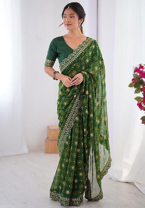 Green Embroidered Chiffon Saree