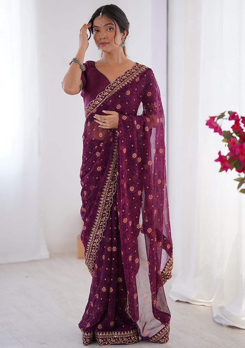 Wine Embroidered Chiffon Saree