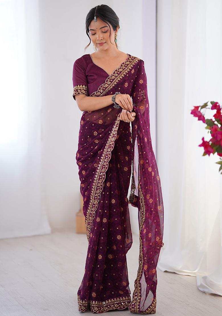 Wine Embroidered Chiffon Saree