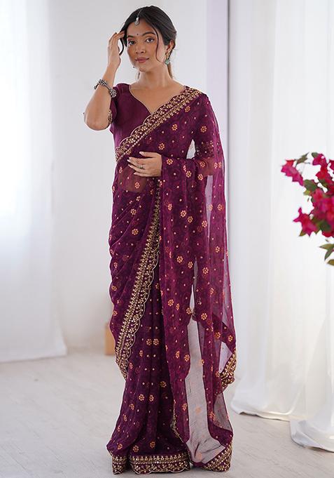 Wine Embroidered Chiffon Saree