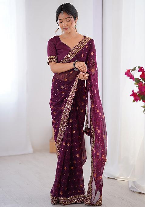 Wine Embroidered Chiffon Saree