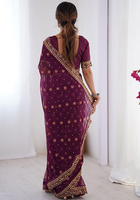 Wine Embroidered Chiffon Saree