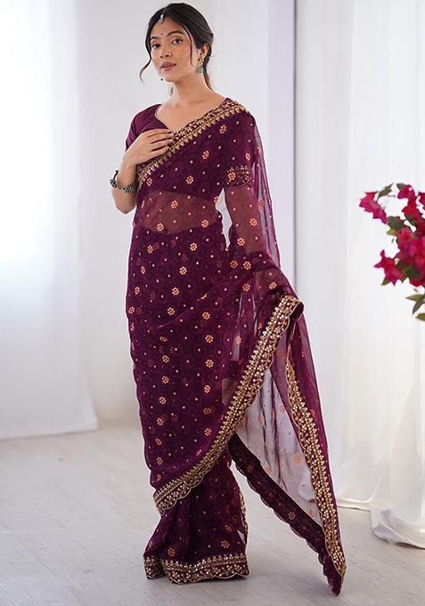 Wine Embroidered Chiffon Saree