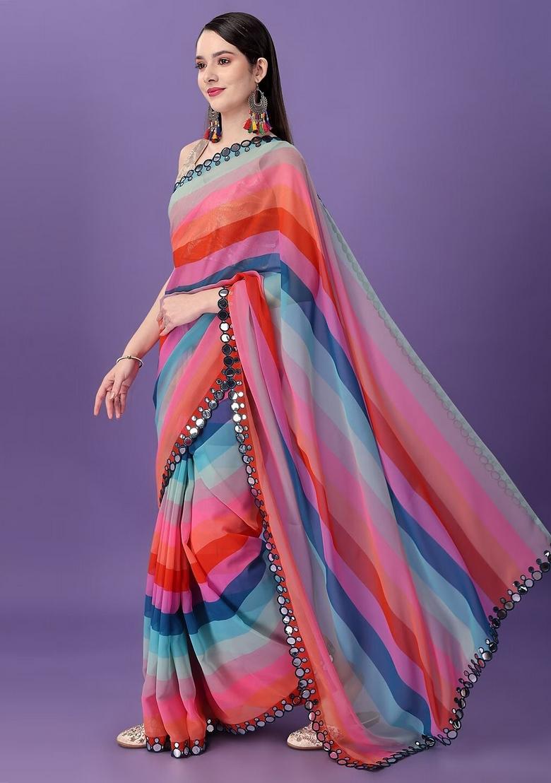 Blue Mirror Work Georgette Saree Set