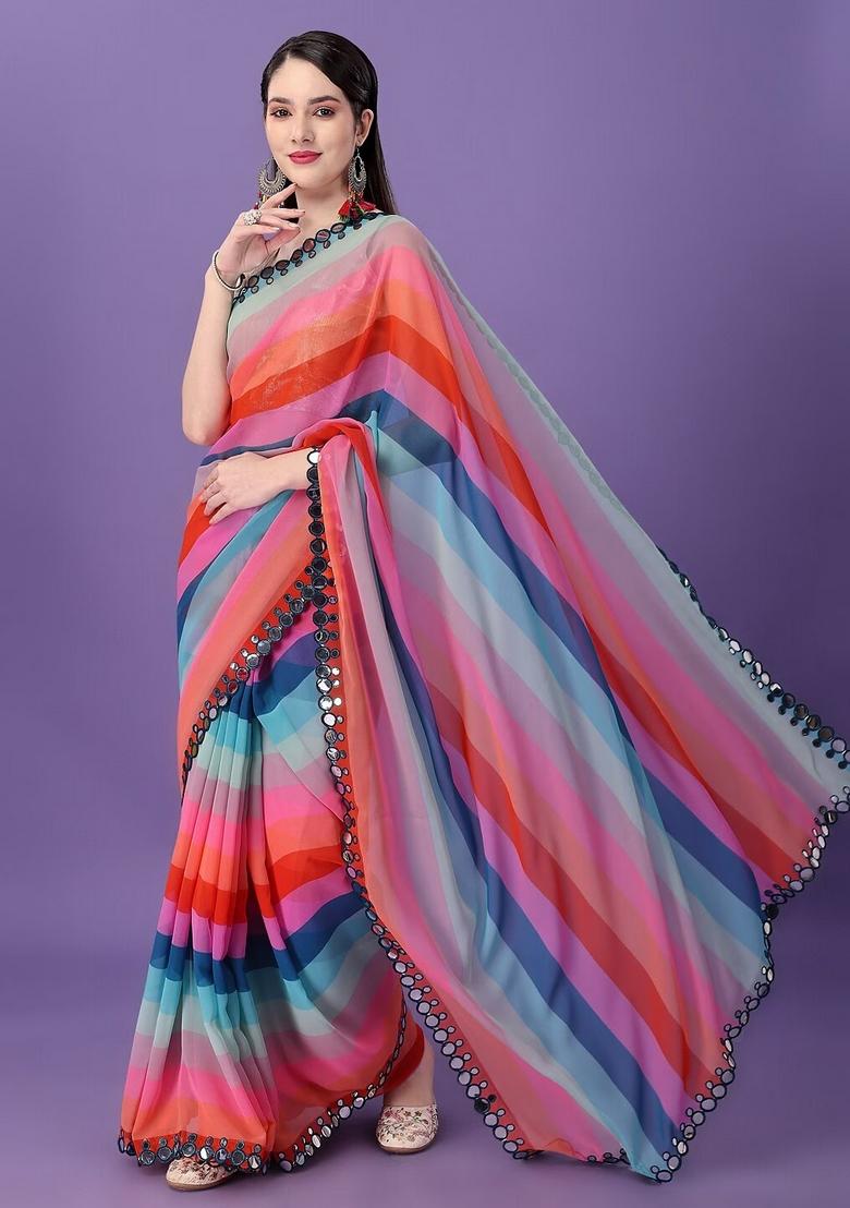 Blue Mirror Work Georgette Saree Set