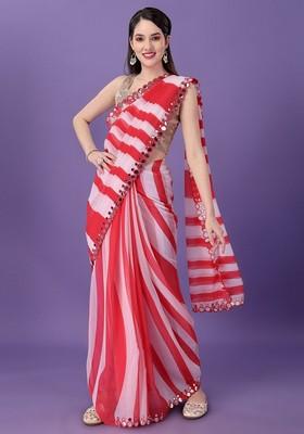Red Mirror Work Georgette Saree Set