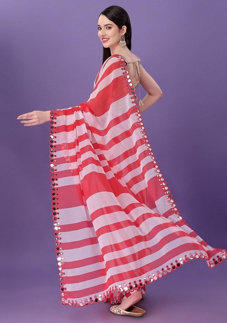 Red Mirror Work Georgette Saree Set