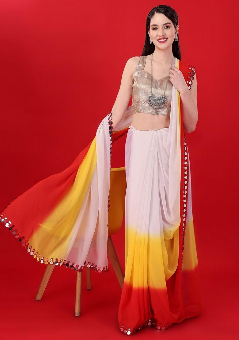 White Mirror Work Georgette Saree Set