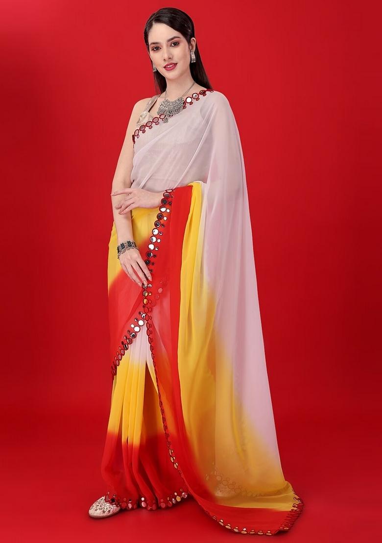 White Mirror Work Georgette Saree Set