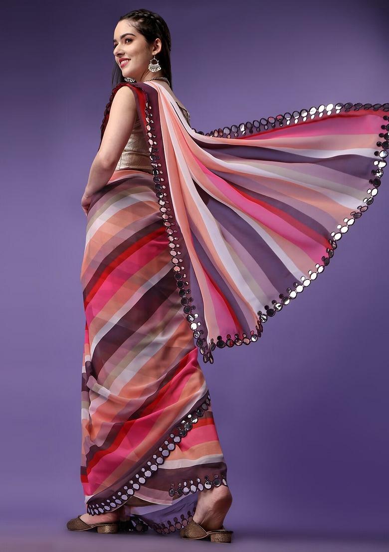 Wine Mirror Work Georgette Saree Set