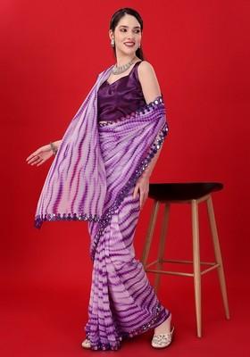Purple Mirror Work Georgette Saree Set