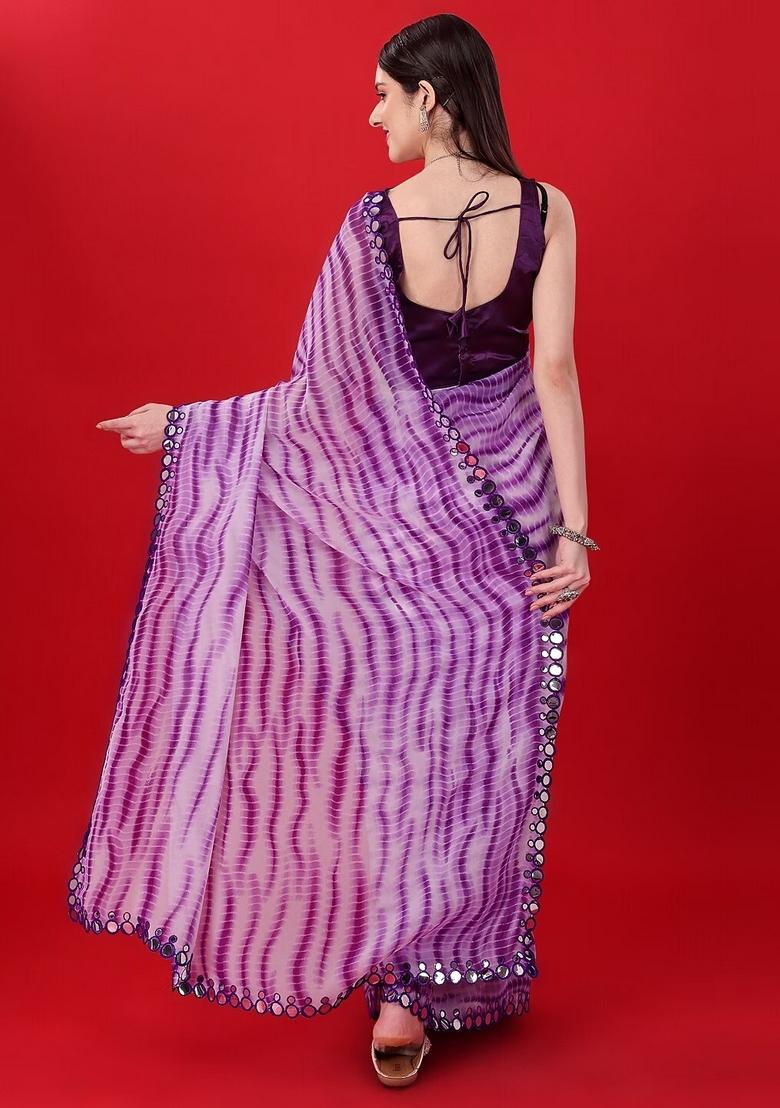 Purple Mirror Work Georgette Saree Set