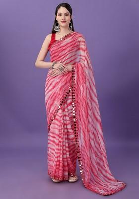 Red Mirror Work Georgette Saree Set