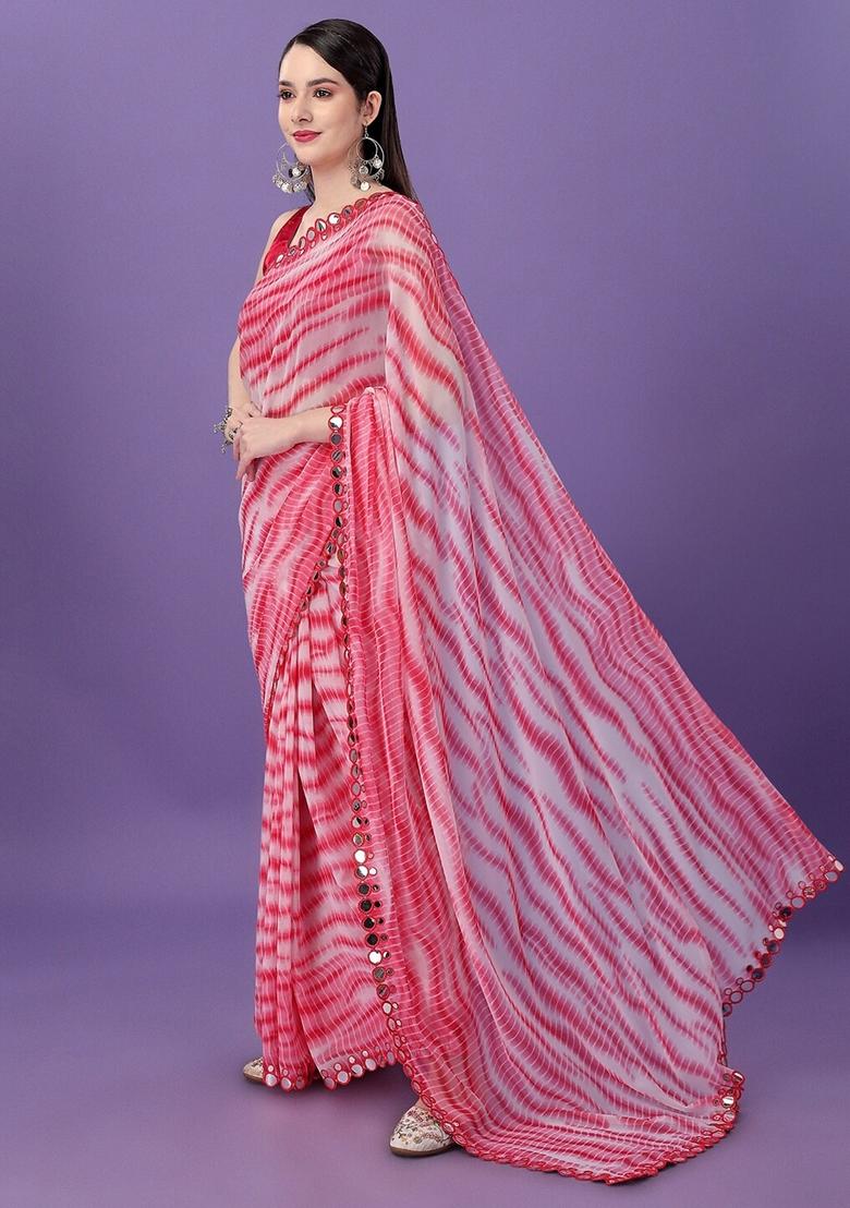 Red Mirror Work Georgette Saree Set