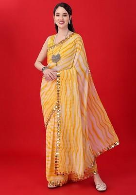 Yellow Mirror Work Georgette Saree Set