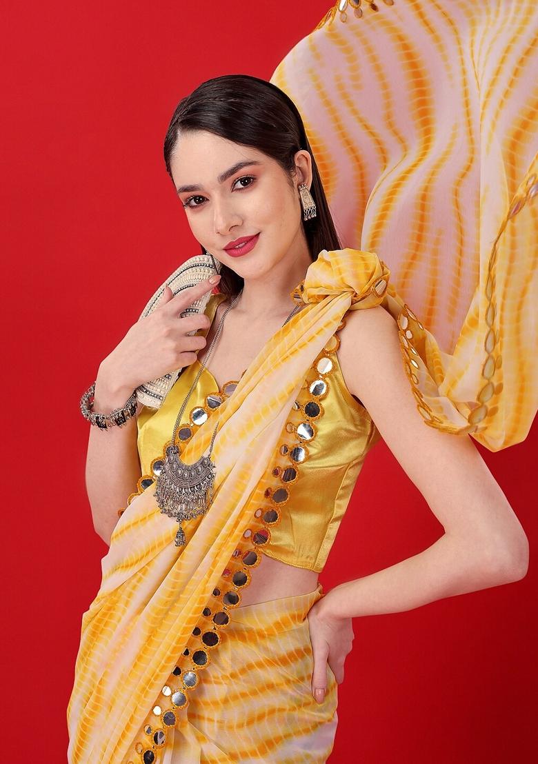 Yellow Mirror Work Georgette Saree Set