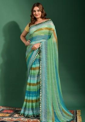Green Mirror Work Georgette Saree Set