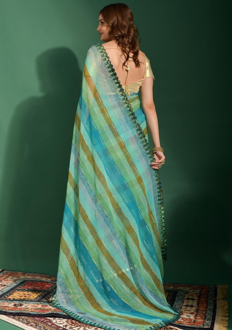 Green Mirror Work Georgette Saree Set